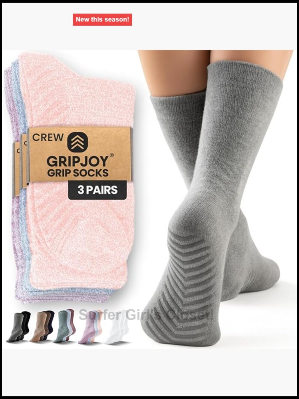 Non Slip Gripper Socks for Yoga Pilates, 3 Pairs, Crew